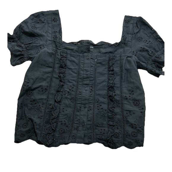 New ANTHROPOLOGIE Puff Sleeve Eyelet Button UP Top Black Size XS Petite - Picture 3 of 8